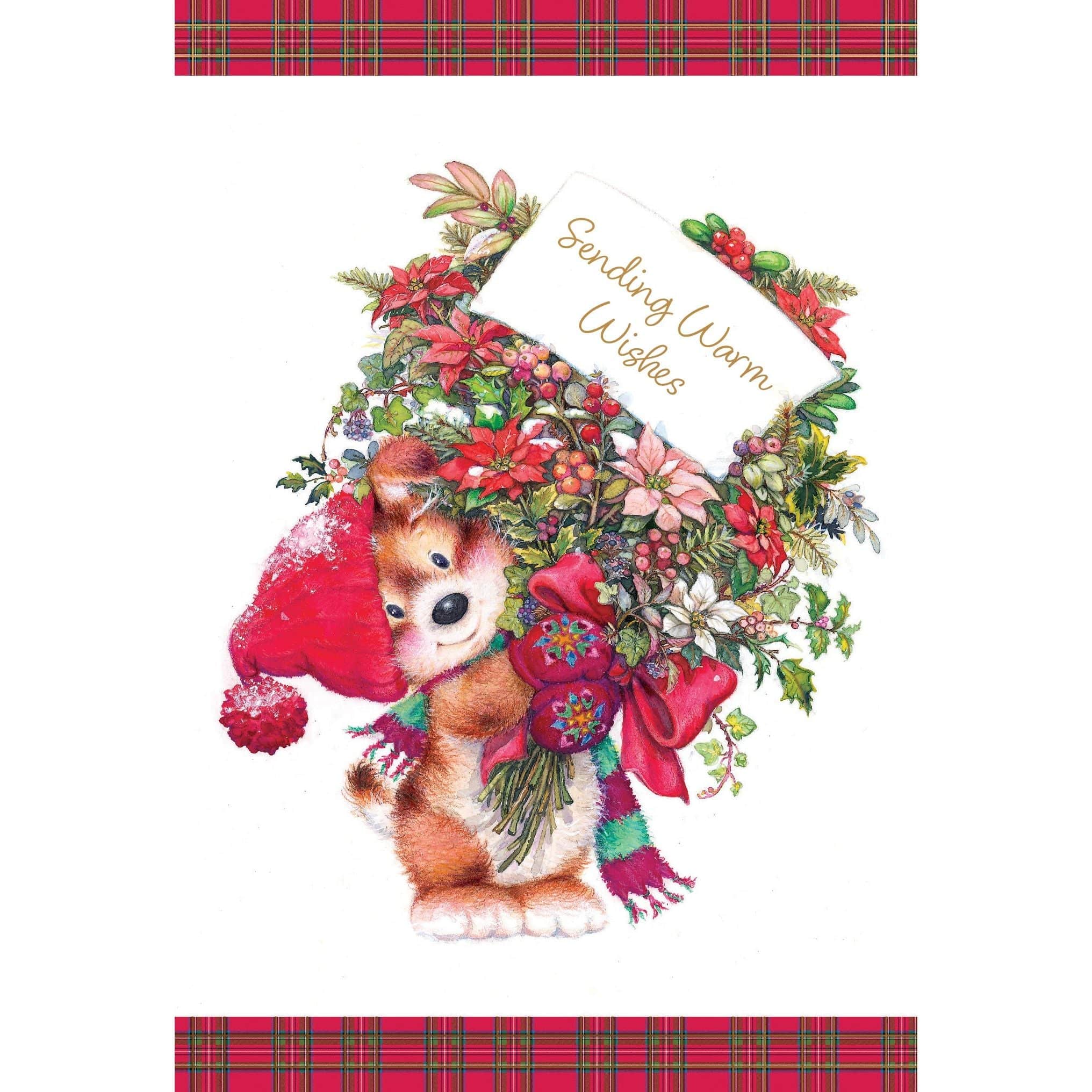 Pictura seasonal Christmas card featuring a dog holding a bouquet of flowers, festive holiday design with cheerful imagery.